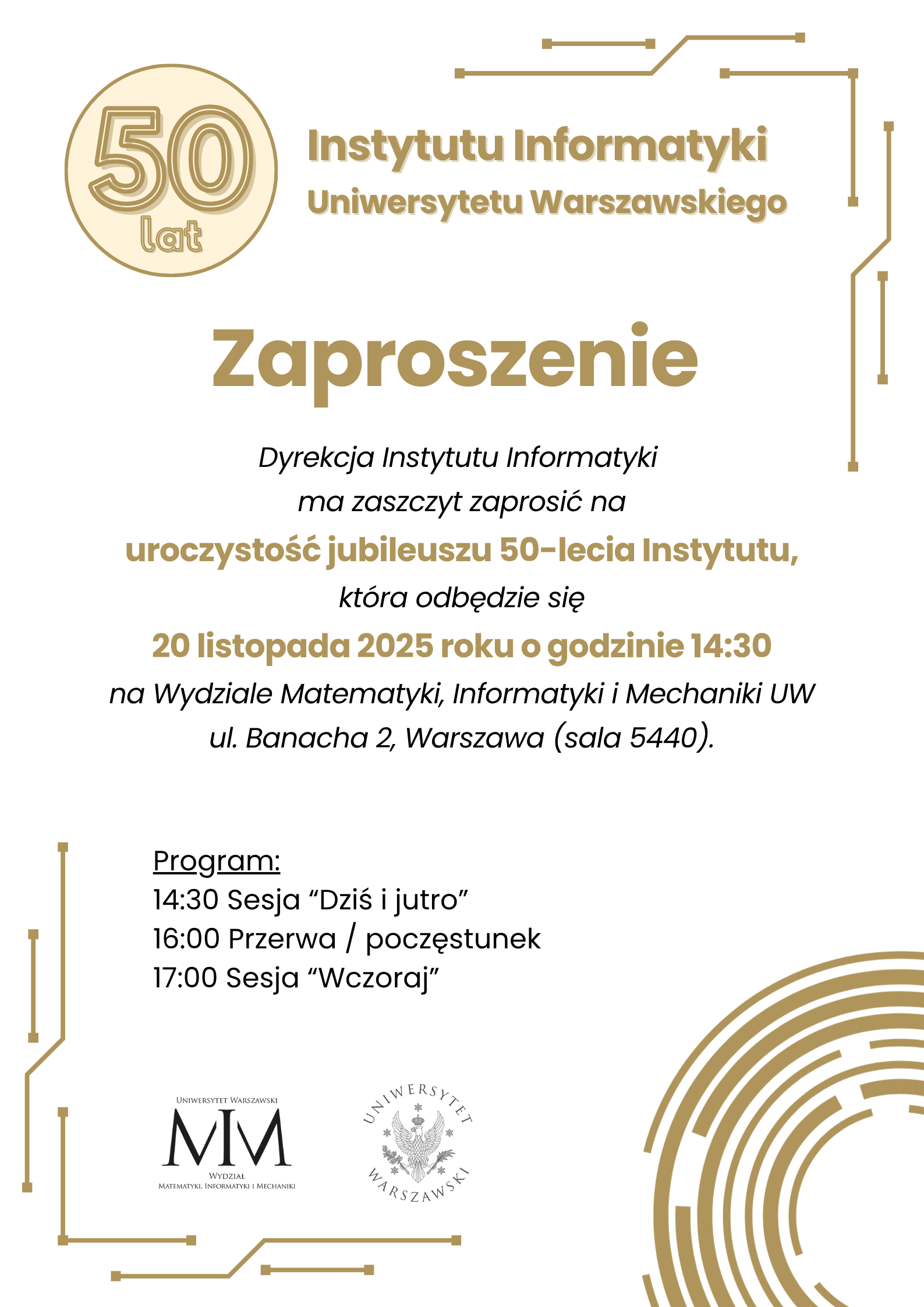 Zaproszenie na uroczystości jubileuszu 50-lecia Instytutu Informatyki UW, 20 listopada 2025 o godzinie 14:30