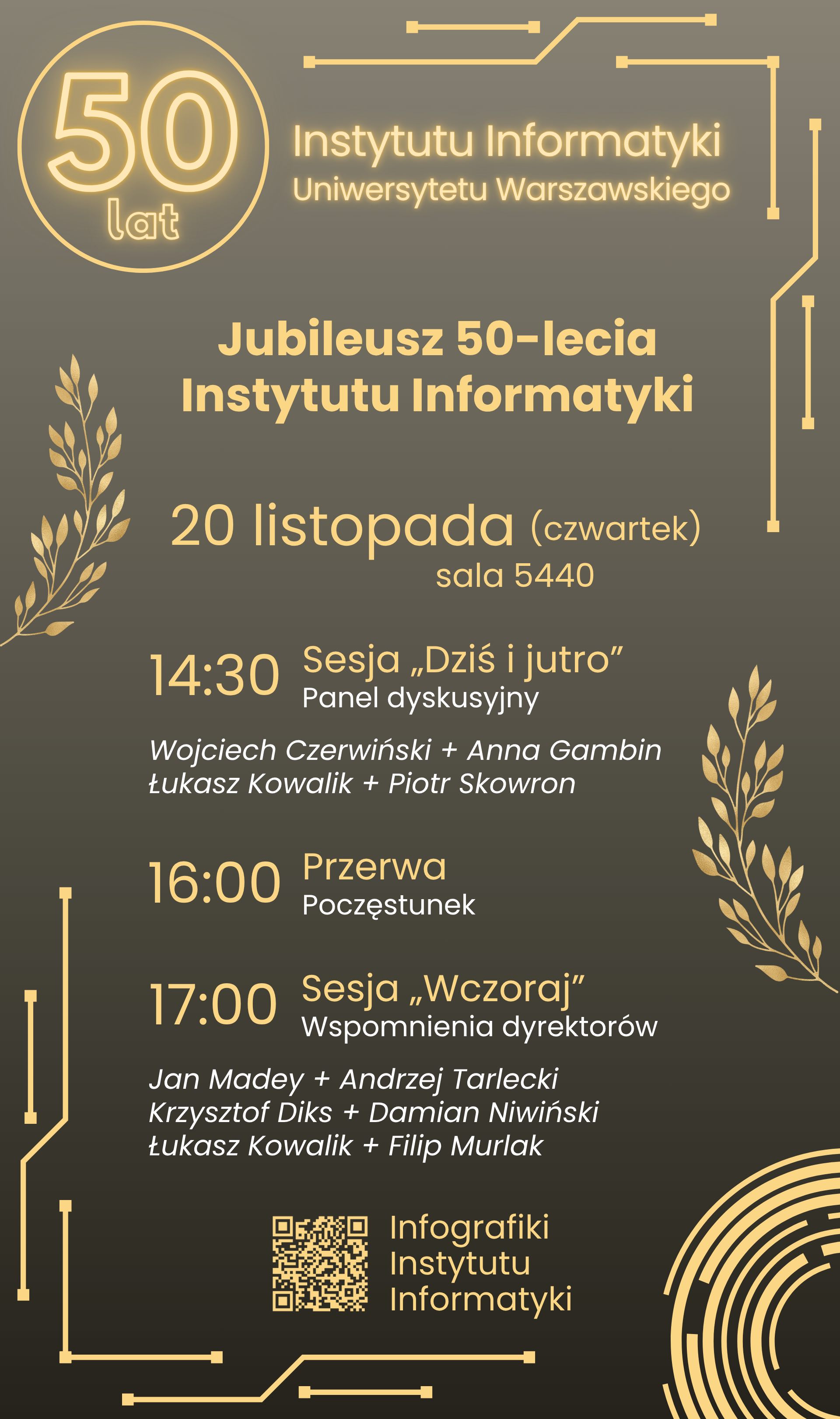 Zaproszenie na uroczystości jubileuszu 50-lecia Instytutu Informatyki UW, 20 listopada 2025 o godzinie 14:30