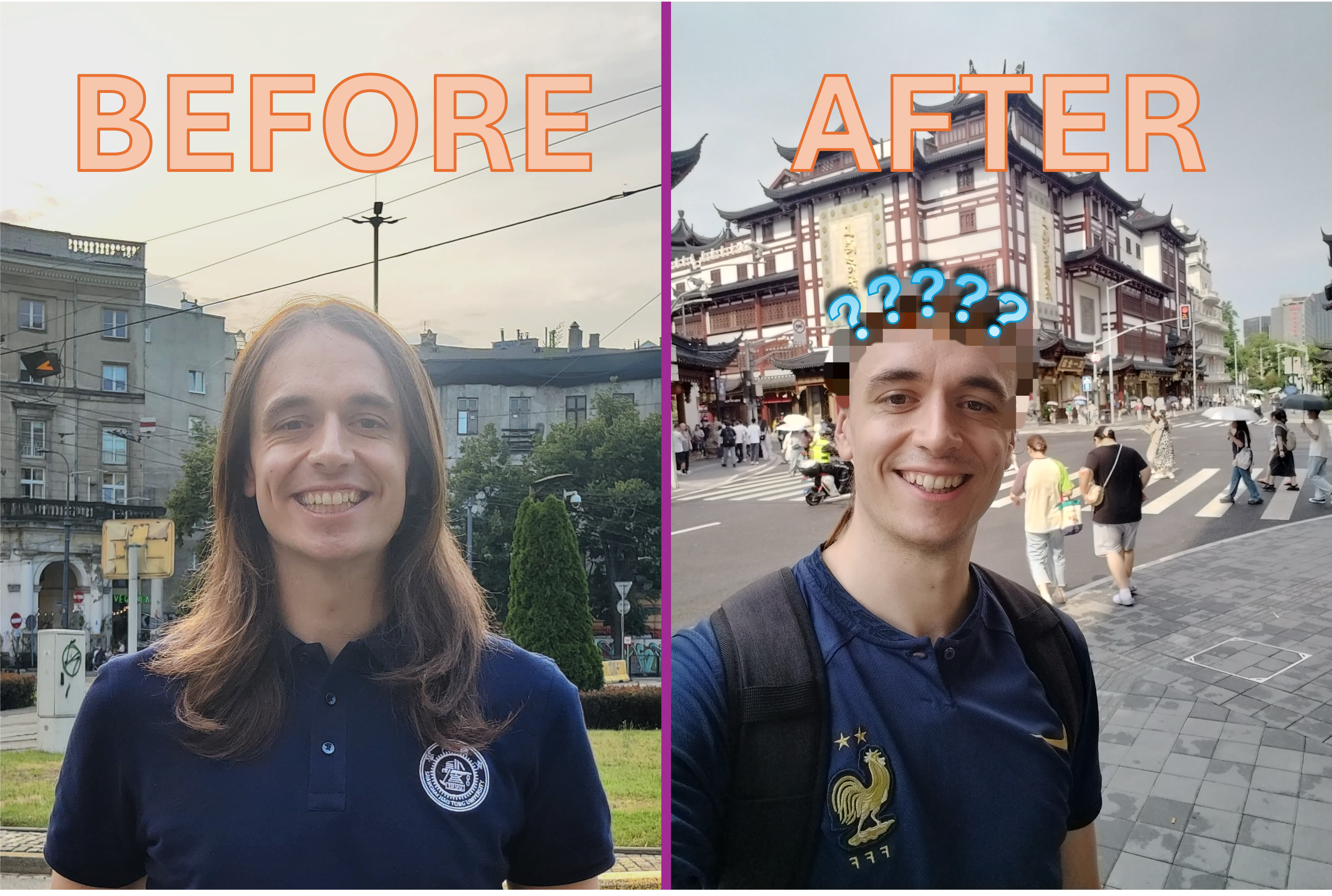 Henry in plac Zbawiciela, Warsaw (July 2025) and Yuyuan Old Street, Shanghai (June 2025)